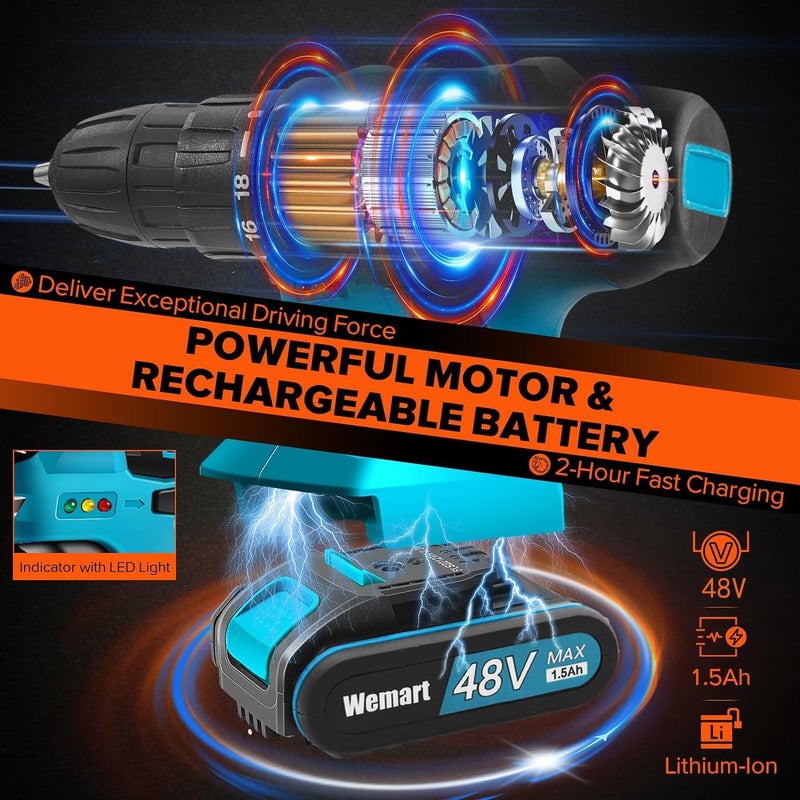 WEMART Cordless Drill Set, 48V Power Drill Kit With Battery, 25+1 Position, 2 Variable Speed, 3/8'' Keyless Chuck, Fast Charger With Tool Bag - Image 3