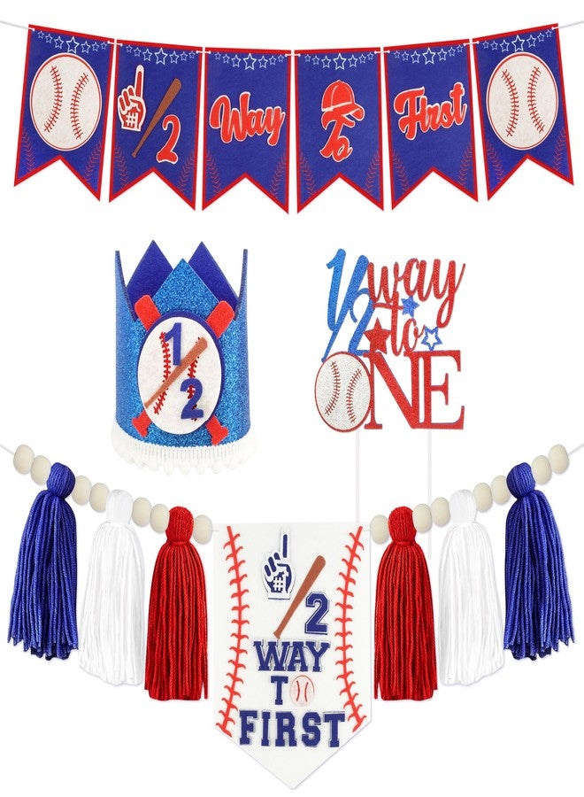 THAWAY 1/2 Birthday Baseball Half Birthday Decorations - Red Blue It's My 1/2 Birth Banner Glitter Cake Topper Tassel Wood Bead High Chair Banner & Crown & Garland, Hat Halfway to One Party Supplies - Image 1
