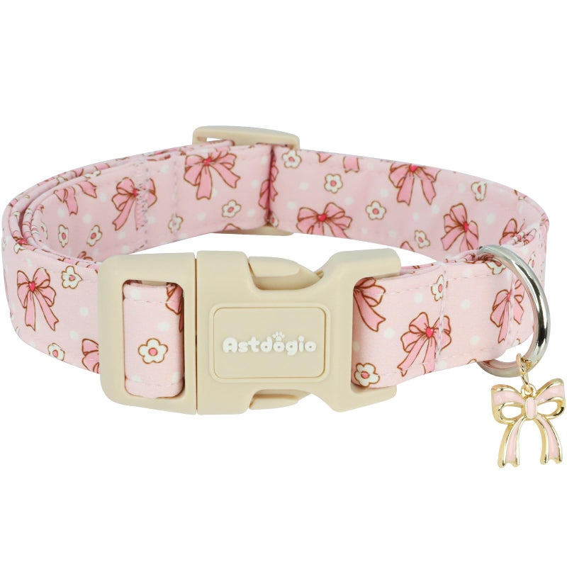 Astdogio Pink Bow Dog Collar with Flower, Adjustable Cotton Puppy Collar, Cute Girl Boy Dog Collars for Small Medium Large Dogs, Ideal for Gifts,Pet Accessory,S - Image 1