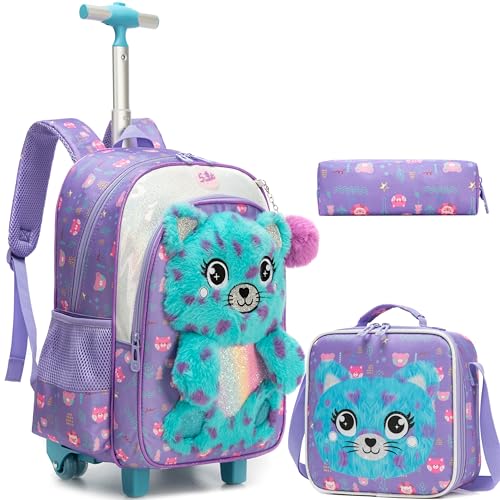 Meetbelify Rolling Backpack for Girls 3D Carton Backpack with Wheels for Elementary Student Kids Plush School Bag with Lunch Box Pencil Case for Girls Ages 6-8 Years Old - Image 1