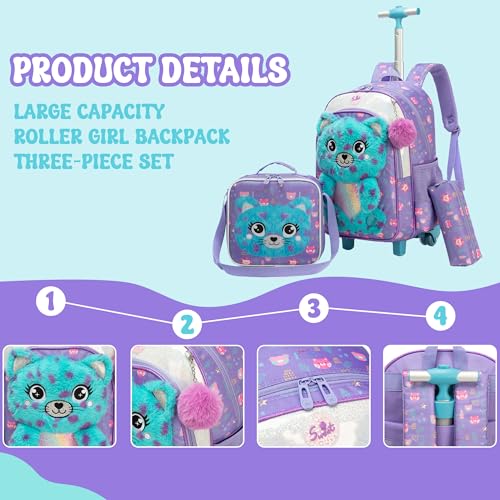Meetbelify Rolling Backpack for Girls 3D Carton Backpack with Wheels for Elementary Student Kids Plush School Bag with Lunch Box Pencil Case for Girls Ages 6-8 Years Old - Image 4