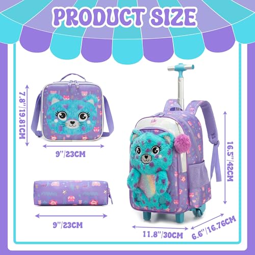 Meetbelify Rolling Backpack for Girls 3D Carton Backpack with Wheels for Elementary Student Kids Plush School Bag with Lunch Box Pencil Case for Girls Ages 6-8 Years Old - Image 2