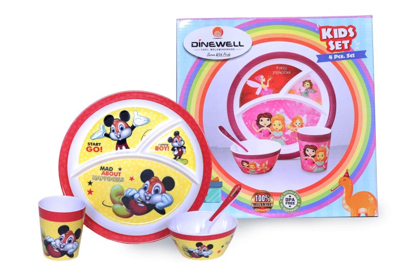 DINEWELL طقم عشاء ملامين مضحك للأطفال من داينويل (طقم من 4) - Image 3