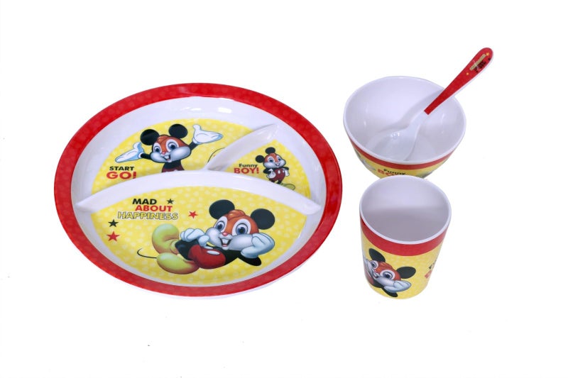 DINEWELL طقم عشاء ملامين مضحك للأطفال من داينويل (طقم من 4) - Image 2