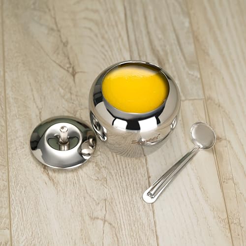 Sumeet Stainless Steel Apple Shape Ghee and Oil Pot, Storage Container with Spoon for Kitchen, 9cm Dia, 350ML - Silver (Pack of 2) - Image 3