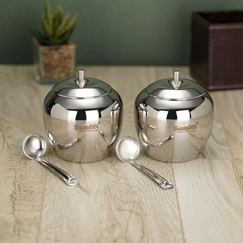 Sumeet Stainless Steel Apple Shape Ghee and Oil Pot, Storage Container with Spoon for Kitchen, 9cm Dia, 350ML - Silver (Pack of 2) - Image 1
