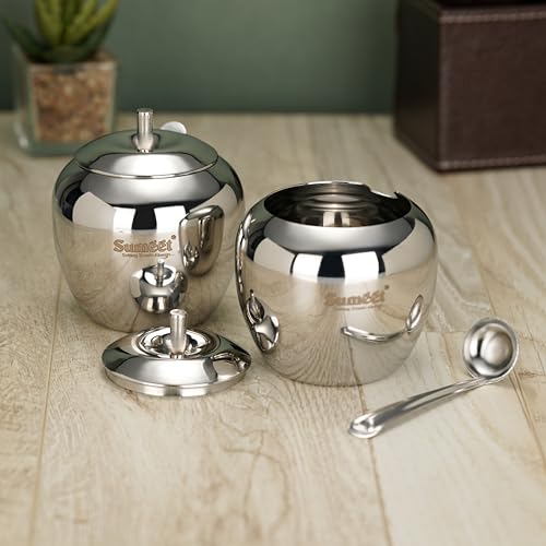 Sumeet Stainless Steel Apple Shape Ghee and Oil Pot, Storage Container with Spoon for Kitchen, 9cm Dia, 350ML - Silver (Pack of 2) - Image 5