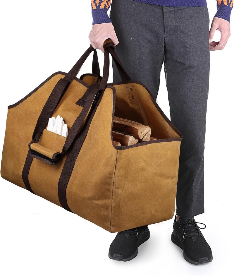 BONTHEE Firewood Carrier Bag Waxed Canvas Waterproof Extra Large Log Carrier Holder Freestanding Tote Bag for Firewood - Image 5