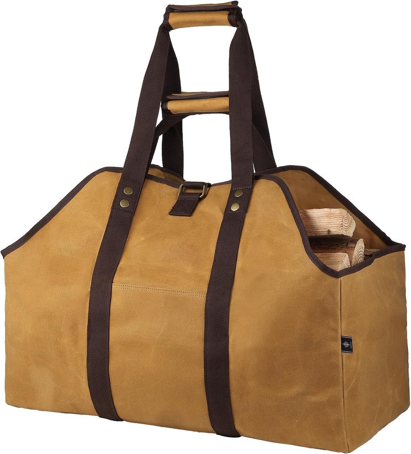BONTHEE Firewood Carrier Bag Waxed Canvas Waterproof Extra Large Log Carrier Holder Freestanding Tote Bag for Firewood - Image 1
