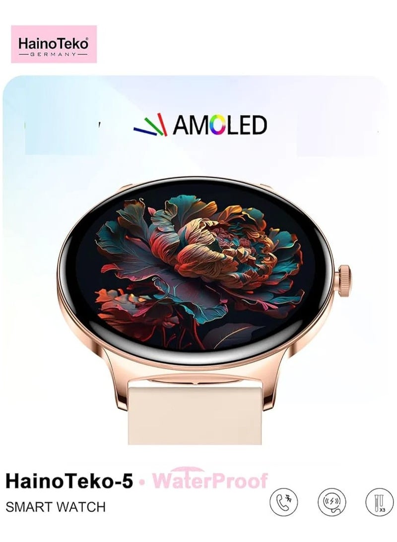 Haino Teko HainoTeko-5 Smartwatch: Stylish, Waterproof, and Multi-Functional Wearable for Everyday Use A premium smartwatch featuring a sleek AMOLED display, multiple strap options (leather, stainless steel, and silicone), and advanced features like heart rate monitoring, SpO2 tracking, cycle tracking, AI voice assistance, and exercise tracking. Designed for both fashion and functionality, this smartwatch is waterproof and supports Bluetooth calling, fitness tracking, and various health monitoring tools. - Image 2