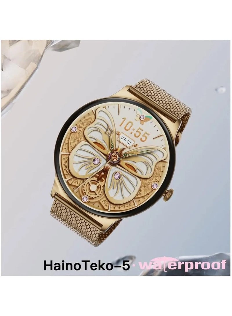 Haino Teko HainoTeko-5 Smartwatch: Stylish, Waterproof, and Multi-Functional Wearable for Everyday Use A premium smartwatch featuring a sleek AMOLED display, multiple strap options (leather, stainless steel, and silicone), and advanced features like heart rate monitoring, SpO2 tracking, cycle tracking, AI voice assistance, and exercise tracking. Designed for both fashion and functionality, this smartwatch is waterproof and supports Bluetooth calling, fitness tracking, and various health monitoring tools. - Image 4