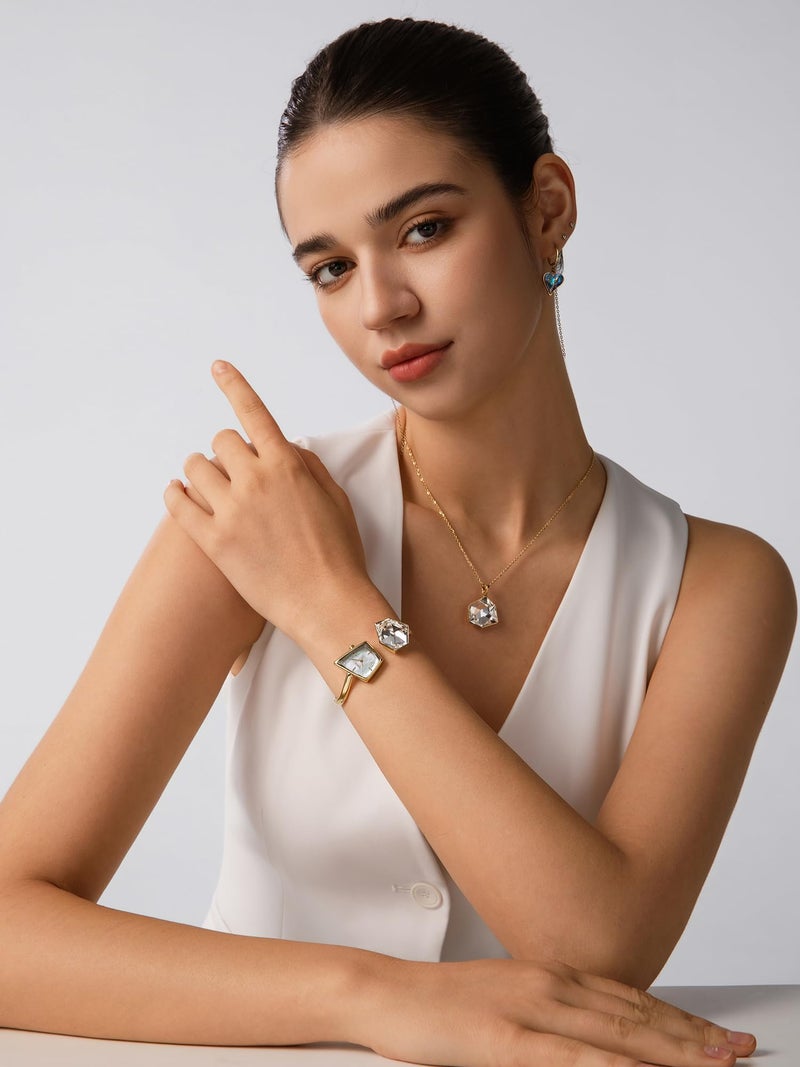 SAGA Illusion Women's Luxury Cuff Bangle Watch, Shaped Mineral Case, 316L Stainless Steel Bracelet with Danube Crystals, Swiss Ronda Quartz Movement, 30M Water Resistant - Image 2