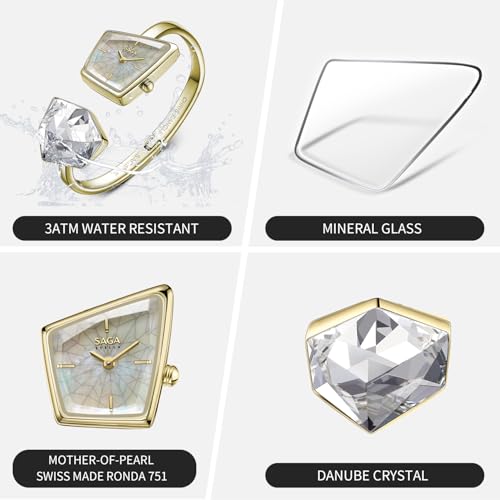 SAGA Illusion Women's Luxury Cuff Bangle Watch, Shaped Mineral Case, 316L Stainless Steel Bracelet with Danube Crystals, Swiss Ronda Quartz Movement, 30M Water Resistant - Image 4
