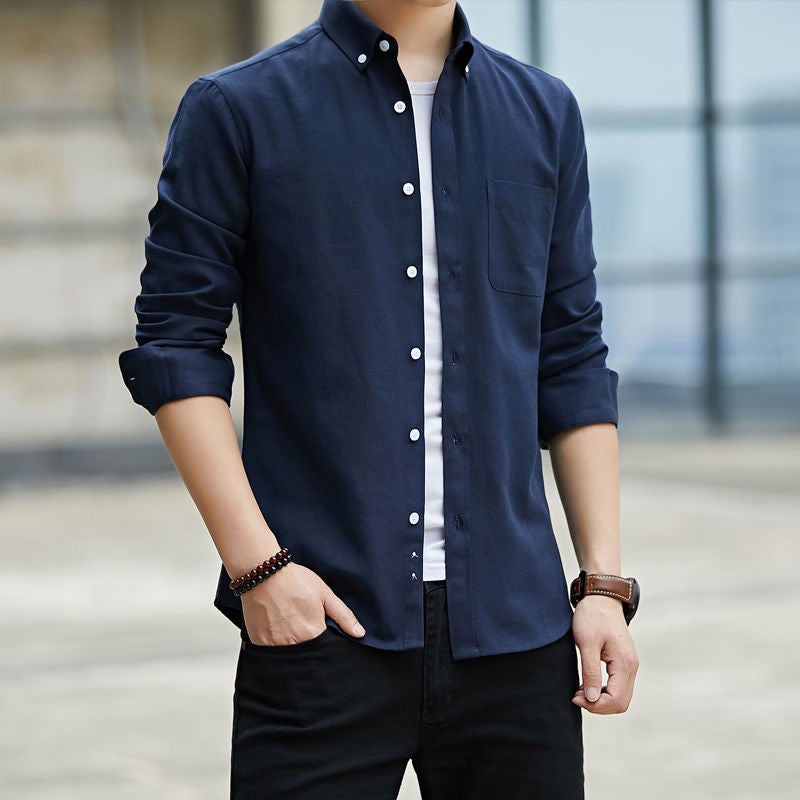 Generic Spring and Autumn Oxford Spinning Shirt Mens Long-sleeved Solid Color Youth Casual Students Slim-fit Korean Style Trendy Shirt Navy - Image 1