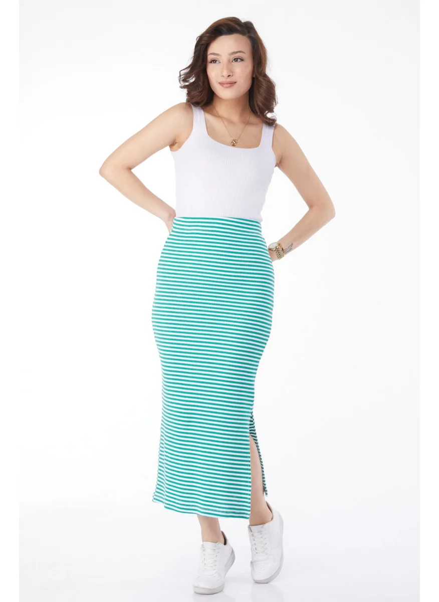 Tofisa 24664-GREEN Striped Slit Skirt
