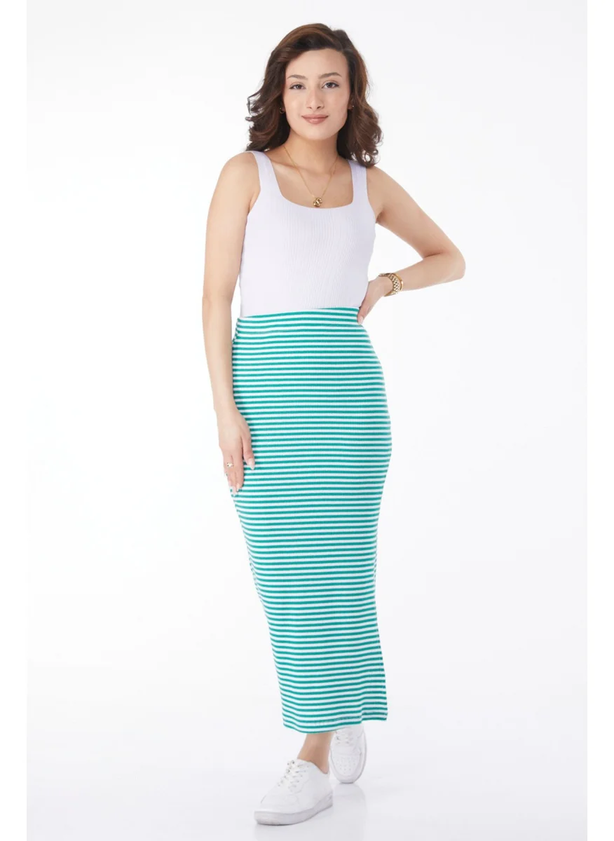 Tofisa 24664-GREEN Striped Slit Skirt
