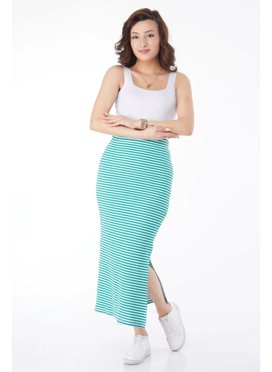 Tofisa 24664-GREEN Striped Slit Skirt