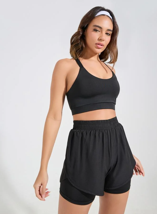 Styli Pack of 3 - Cross Strap Sports Bra- Back Mesh Panel Top and Shorts