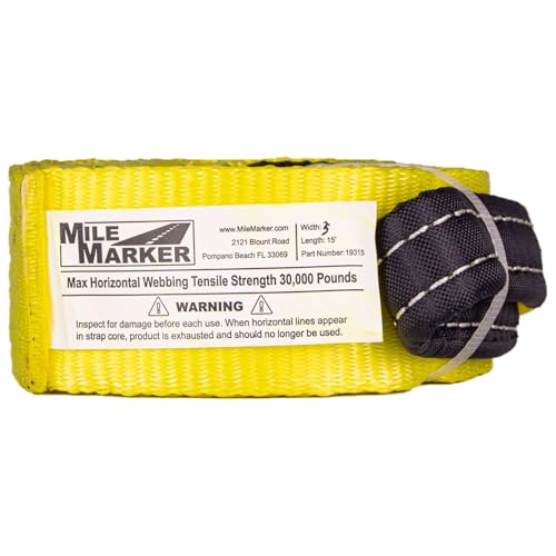 Mile Marker 19315 Single Yellow 3" x 15′ Recovery Strap for Heavy Duty Use - Rated to 30,000 Pound Capacity - Ensures User Safety with Built in Blue Lines - Image 2