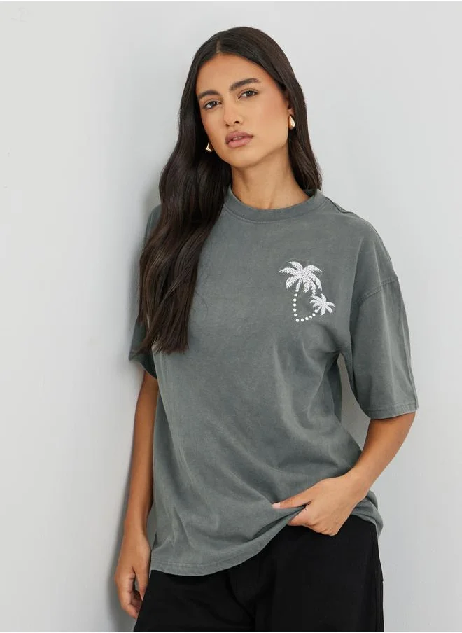 Styli Styli Palm Embroidered Acid Washed Oversized T-Shirt