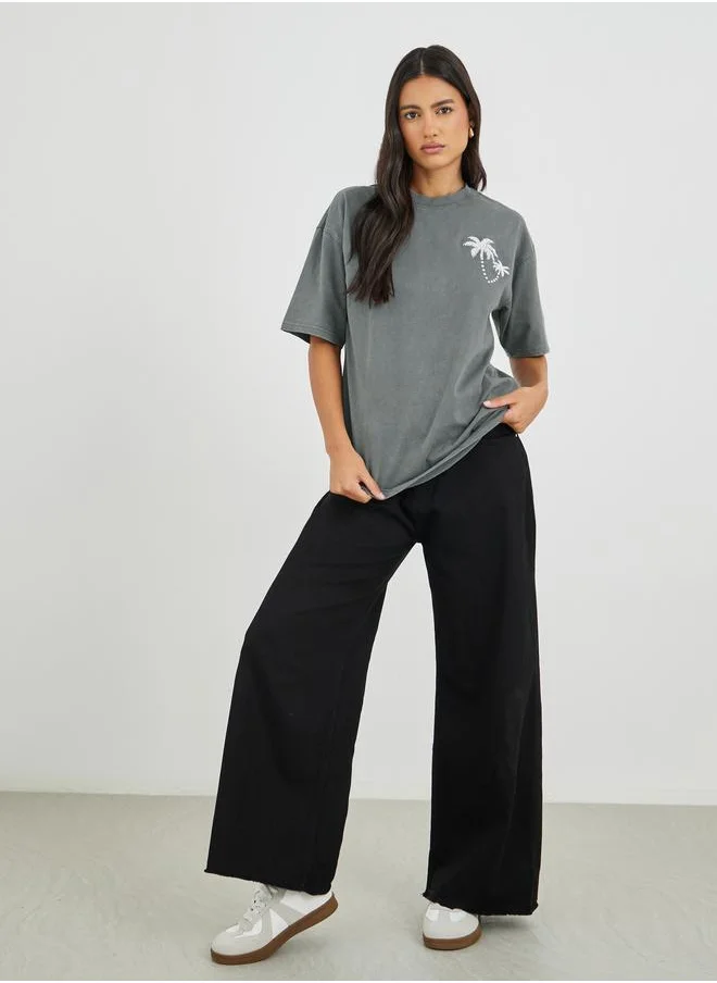 Styli Styli Palm Embroidered Acid Washed Oversized T-Shirt