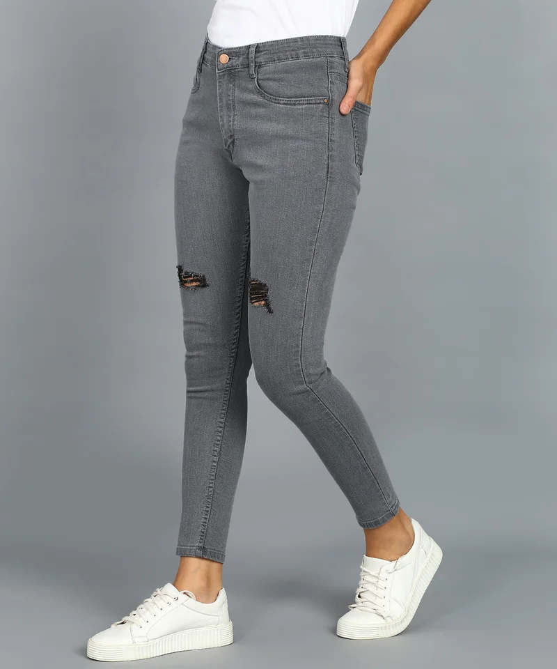 Urbano Fashion  Urbano Fashion Women's Light Grey Skinny Fit Mild Distressed Washed Jeans  | Best Price UAE