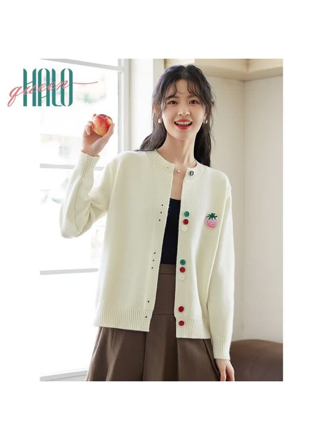 HALOQUEEN Halo Queen Knitted Cardigan For Women, Round Neck, Contrasting Color Buttons, Versatile Design, Fashionable Top, New Product H143z1004 - Image 3