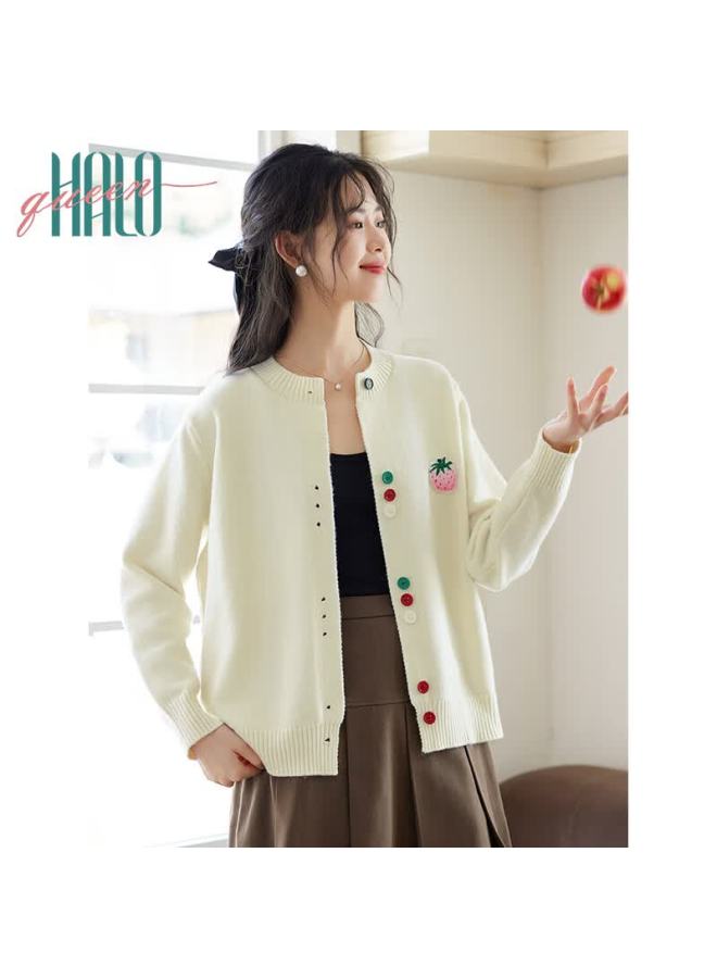 HALOQUEEN Halo Queen Knitted Cardigan For Women, Round Neck, Contrasting Color Buttons, Versatile Design, Fashionable Top, New Product H143z1004 - Image 4