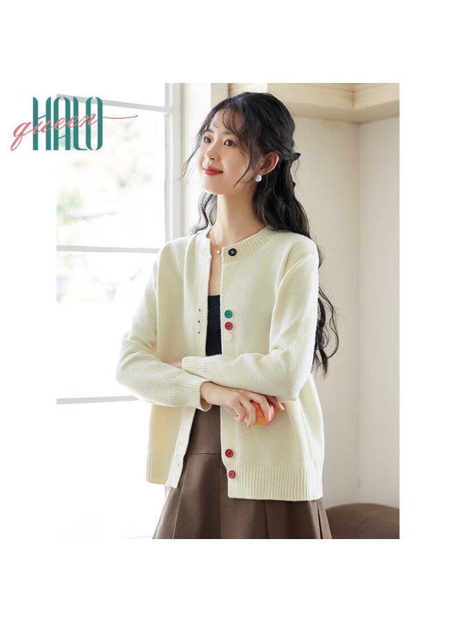 HALOQUEEN Halo Queen Knitted Cardigan For Women, Round Neck, Contrasting Color Buttons, Versatile Design, Fashionable Top, New Product H143z1004 - Image 5