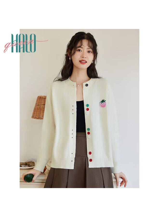HALOQUEEN Halo Queen Knitted Cardigan For Women, Round Neck, Contrasting Color Buttons, Versatile Design, Fashionable Top, New Product H143z1004 - Image 1