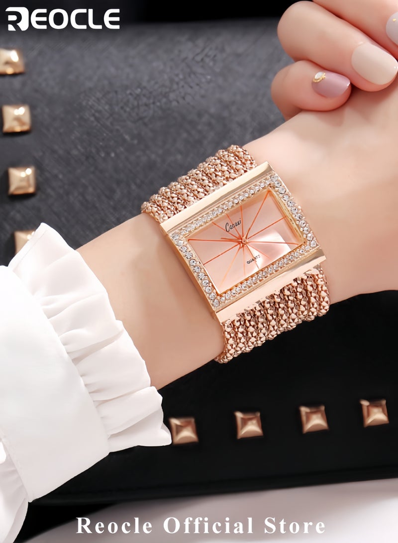 ريوكل ساعات نسائية فاخرة من الكوارتز مزينة بالكريستال بإطار مرصع بالألماس وساعات معصم مربعة من سبيكة فضية - Image 2