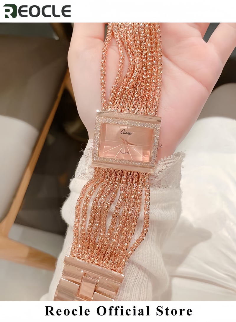 ريوكل ساعات نسائية فاخرة من الكوارتز مزينة بالكريستال بإطار مرصع بالألماس وساعات معصم مربعة من سبيكة فضية - Image 3