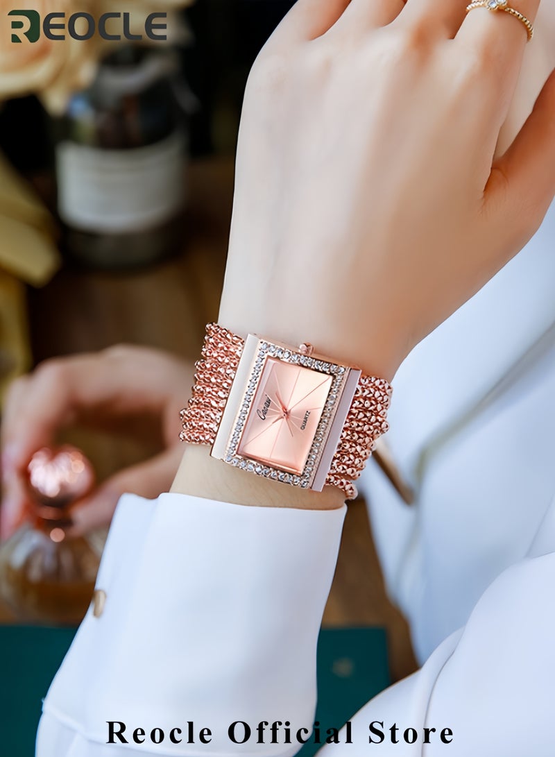 ريوكل ساعات نسائية فاخرة من الكوارتز مزينة بالكريستال بإطار مرصع بالألماس وساعات معصم مربعة من سبيكة فضية - Image 4