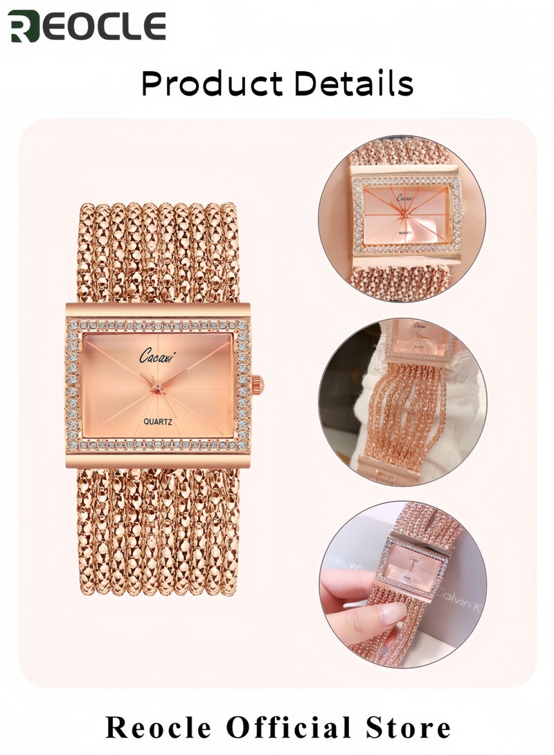 ريوكل ساعات نسائية فاخرة من الكوارتز مزينة بالكريستال بإطار مرصع بالألماس وساعات معصم مربعة من سبيكة فضية - Image 5