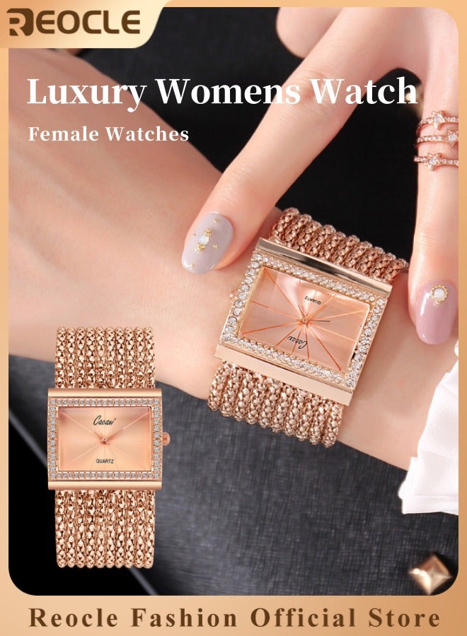 ريوكل ساعات نسائية فاخرة من الكوارتز مزينة بالكريستال بإطار مرصع بالألماس وساعات معصم مربعة من سبيكة فضية - Image 1