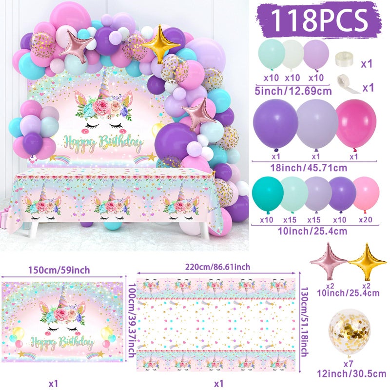 Netnology Unicorn Birthday Decorations for Girls,118pcs Unicorn Theme Party Supplies with Balloon Garland Arch Kit Backdrop and Tablecloth for Girls Women Birthday Party Decorations - Image 2