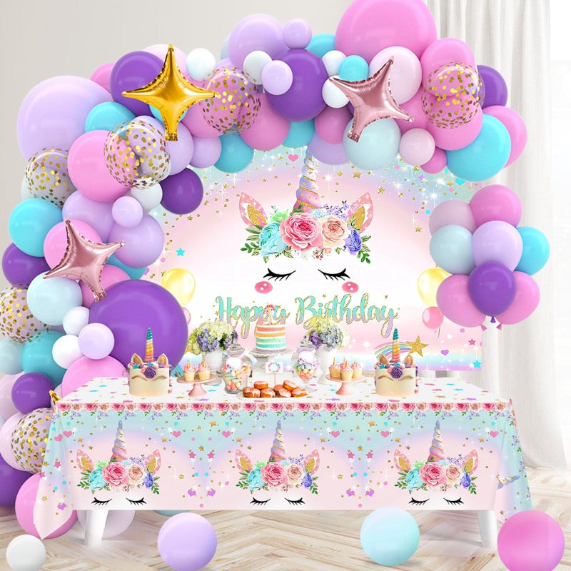 Netnology Unicorn Birthday Decorations for Girls,118pcs Unicorn Theme Party Supplies with Balloon Garland Arch Kit Backdrop and Tablecloth for Girls Women Birthday Party Decorations - Image 1