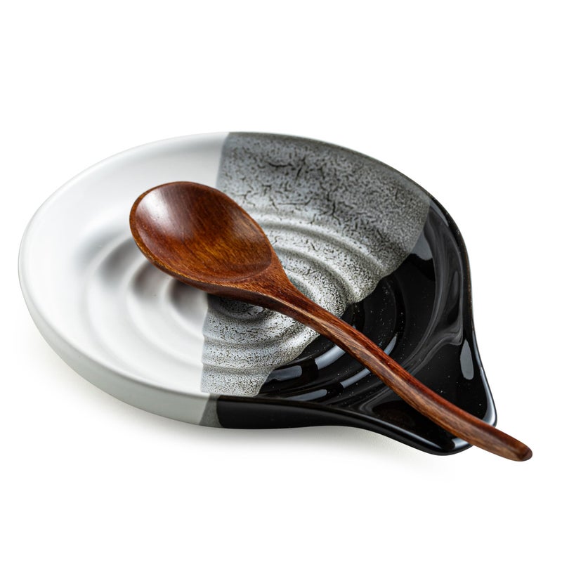 Cormomu Large Ceramic Spoon Rest for Stove Top & Kitchen Counter, Heat-Resistant Spoon Holder for Cooking Utensils, Spatula & Ladles, Nonstick, Dishwasher Safe, Cute Design, Gradient Black - Image 1