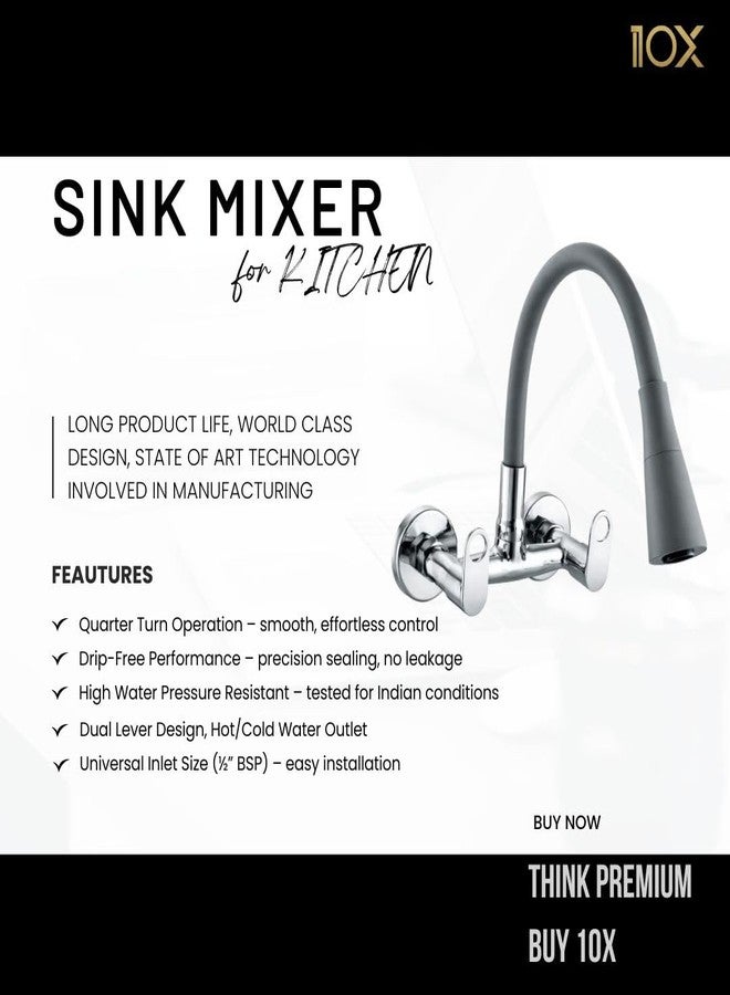 10x Brass Sink Mixer Tap for Kitchen BVl-9876 Flexible Neck Dual Flow Black Hot/Cold Facility, Chrome (Double Flow) - Image 2