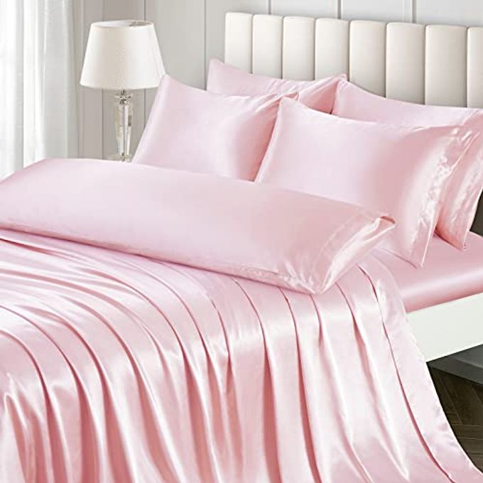 7 PIECES SATIN SHEETS SET QUEEN SIZE LUXURY SILKY BLUSH PINK SATIN BED SHEETS SET WITH 1 DEEP POCKET FITTED SHEET 1 SOFT FLAT SHEET 4 QUEEN PILLOWCASES AND 1 BODY PILLOWCASE