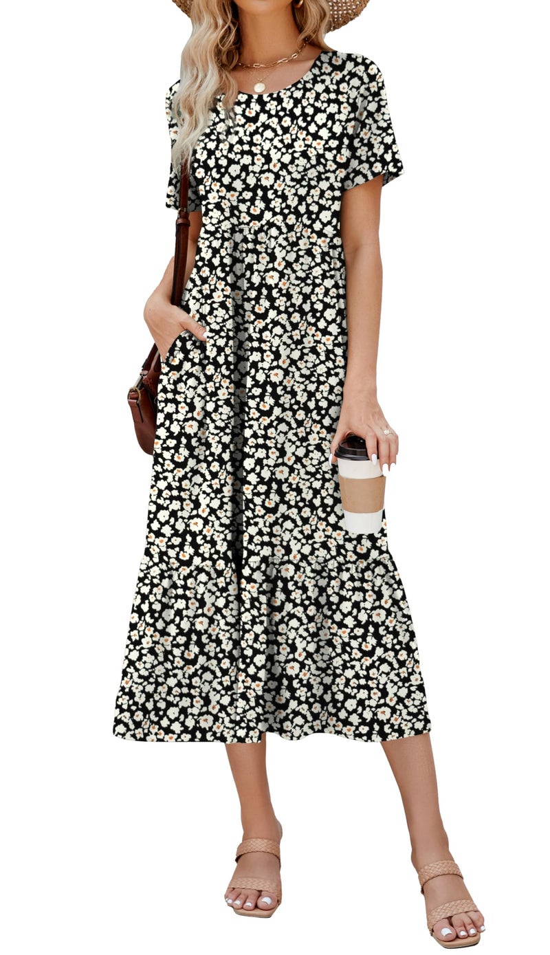 Jeqeocafy Summer Dresses for Women Flowy Maxi Sundress Short Sleeve Tiered Beach Dress with Pockets 2026 Vacation Travel - Image 1