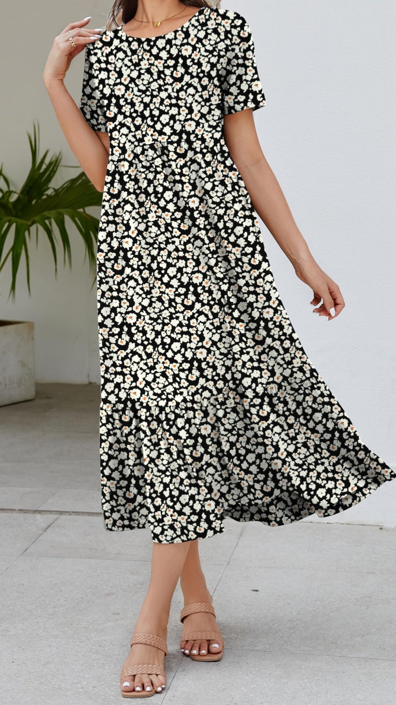 Jeqeocafy Summer Dresses for Women Flowy Maxi Sundress Short Sleeve Tiered Beach Dress with Pockets 2026 Vacation Travel - Image 5