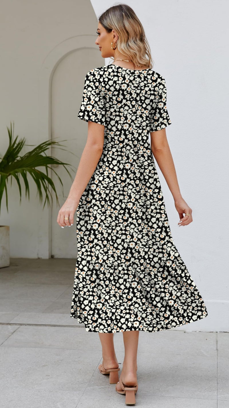 Jeqeocafy Summer Dresses for Women Flowy Maxi Sundress Short Sleeve Tiered Beach Dress with Pockets 2026 Vacation Travel - Image 4