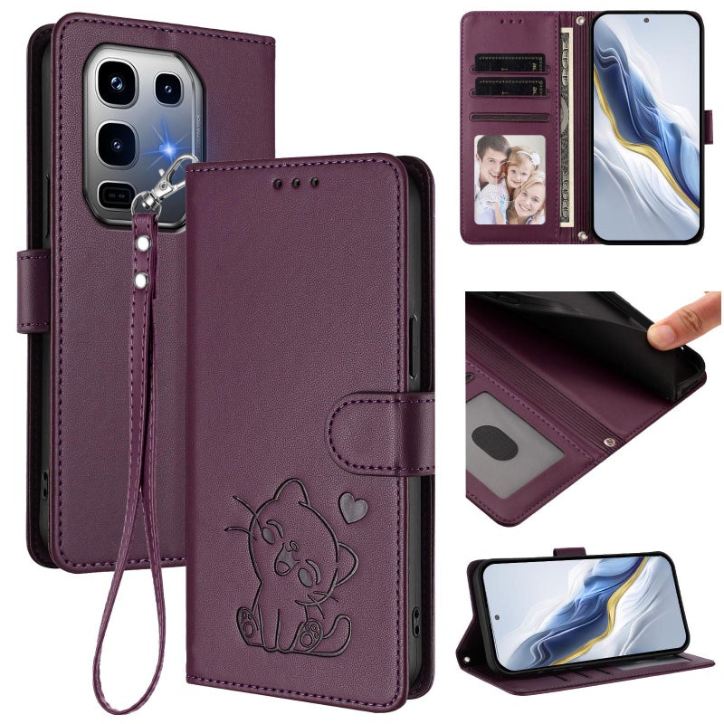 erorex For Infinix Note 50 Pro+ 5G Embossed  Cat Leather Phone Case with Hand Strap(Dark Purple) - Image 1