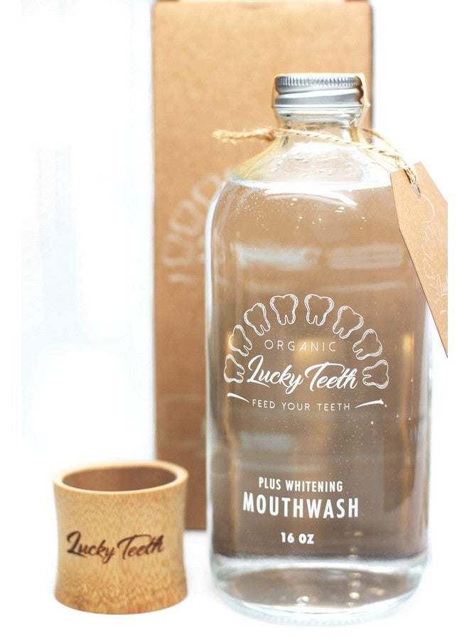 Lucky Teeth Organic Mouthwash Plus Whitening Whitens Refreshes. Food Grade Peroxide + Essential Oils. Vegan And Cruelty Free. Glass Jar 16 Oz  - Image 1