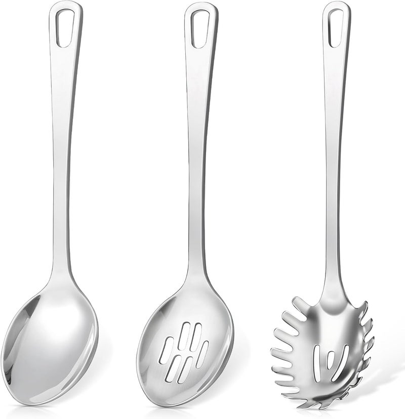 MemoGem 3 Pcs Cooking Utensils Set, Stainless Steel Kitchen Utensils, Heat Resistant Metal Kitchen Tools Include Solid & Slotted Turner Wok Spatula, Spaghetti Spoon, Ergonomic Handle, Easy to Clean, Silver - Image 1