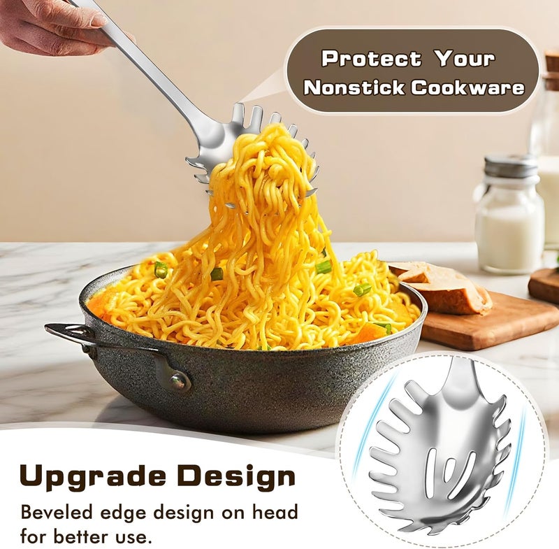 MemoGem 3 Pcs Cooking Utensils Set, Stainless Steel Kitchen Utensils, Heat Resistant Metal Kitchen Tools Include Solid & Slotted Turner Wok Spatula, Spaghetti Spoon, Ergonomic Handle, Easy to Clean, Silver - Image 5