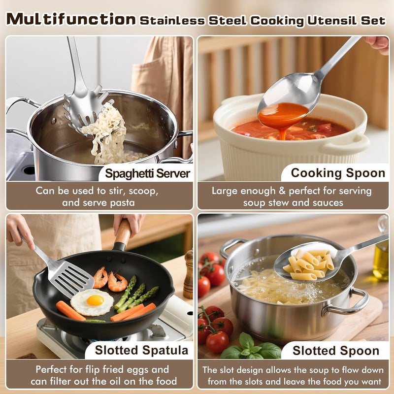 MemoGem 3 Pcs Cooking Utensils Set, Stainless Steel Kitchen Utensils, Heat Resistant Metal Kitchen Tools Include Solid & Slotted Turner Wok Spatula, Spaghetti Spoon, Ergonomic Handle, Easy to Clean, Silver - Image 2