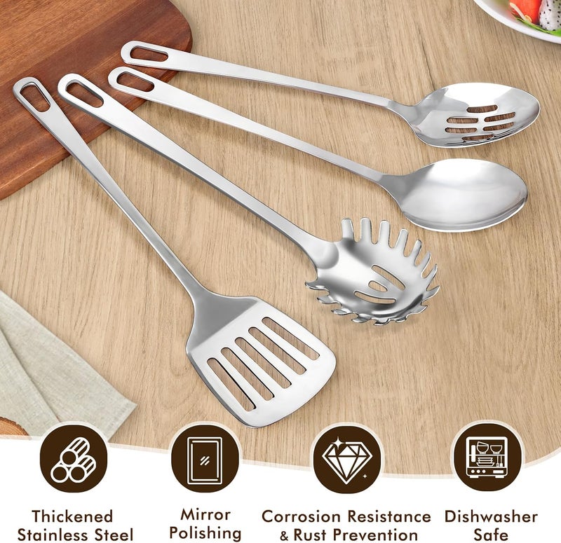MemoGem 3 Pcs Cooking Utensils Set, Stainless Steel Kitchen Utensils, Heat Resistant Metal Kitchen Tools Include Solid & Slotted Turner Wok Spatula, Spaghetti Spoon, Ergonomic Handle, Easy to Clean, Silver - Image 3