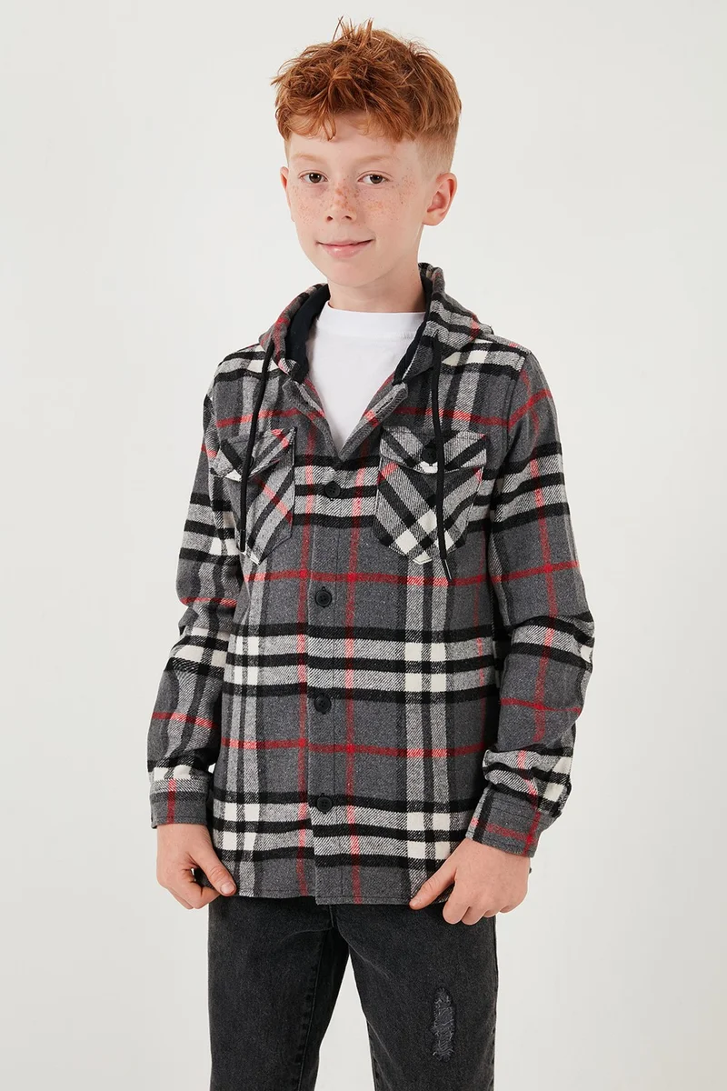 Lela Hooded Double Pocket Plaid Lumberjack Shirt Boy's Shirt CF25W81786